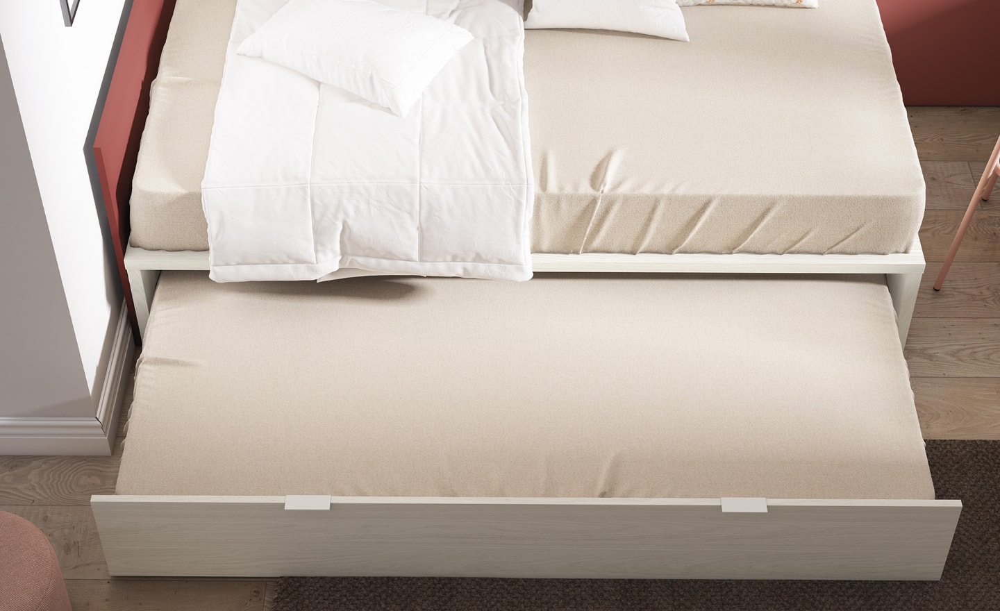 Quarto Juvenil Sonrie 13 com cama nido, secretária com gavetas e módulos de parede | Moveistore