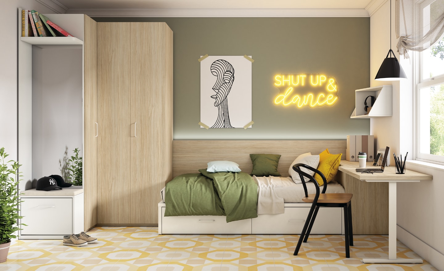 Quarto Juvenil Sonrie 14 com cama nido, secretária, roupeiro e módulo com espelho | Moveistore