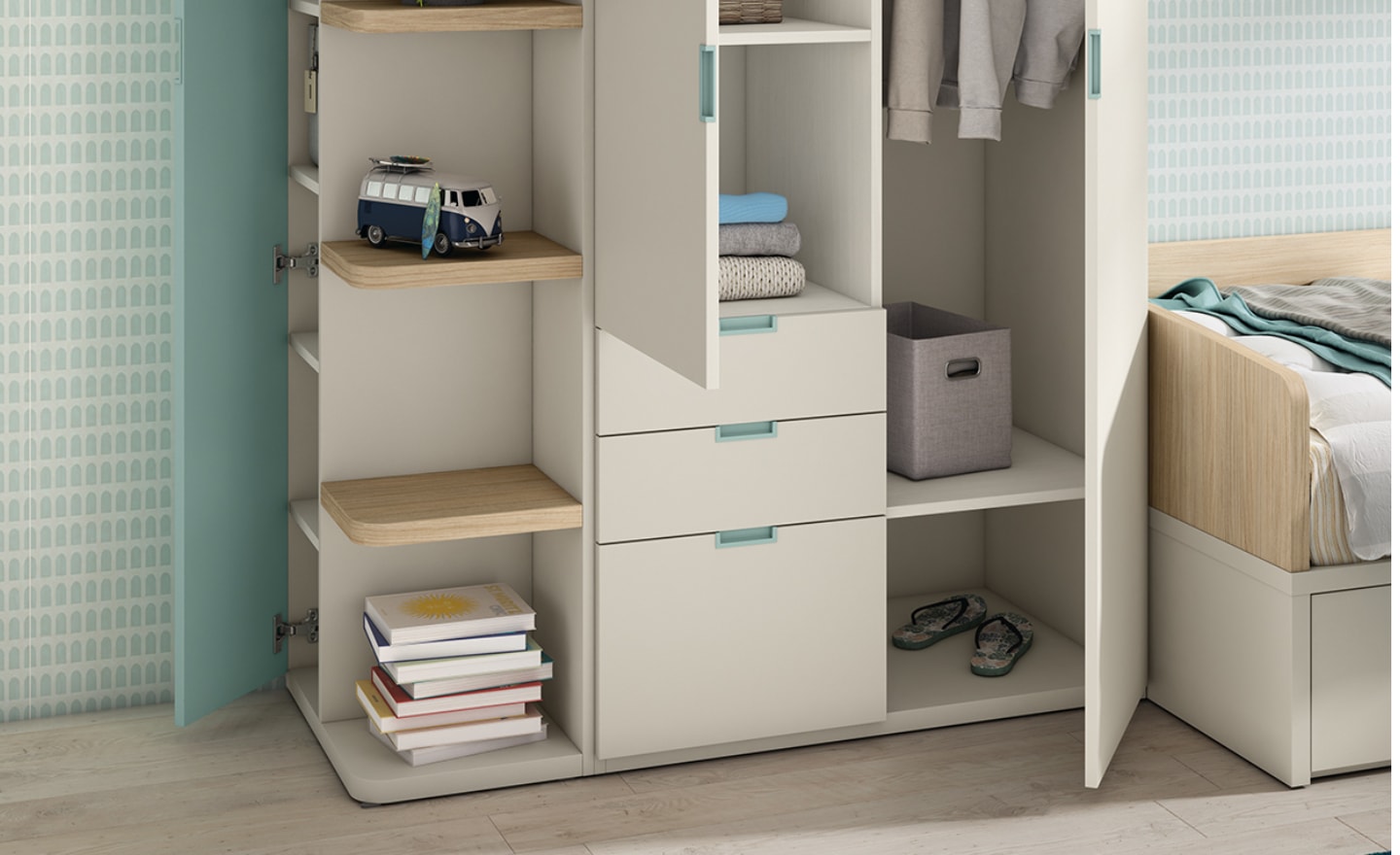 Quarto Juvenil Sonrie 16 com cama com gavetões, secretária, roupeiro modular e bloco de gavetas | Moveistore