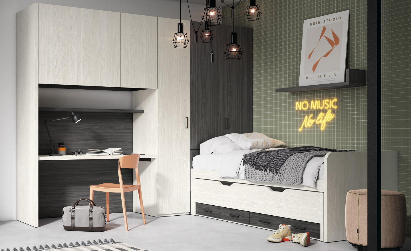 Quarto Juvenil Sonrie 21 com cama com gavetas, zona de estudo integrada e roupeiro com estantes superiores | Moveistore