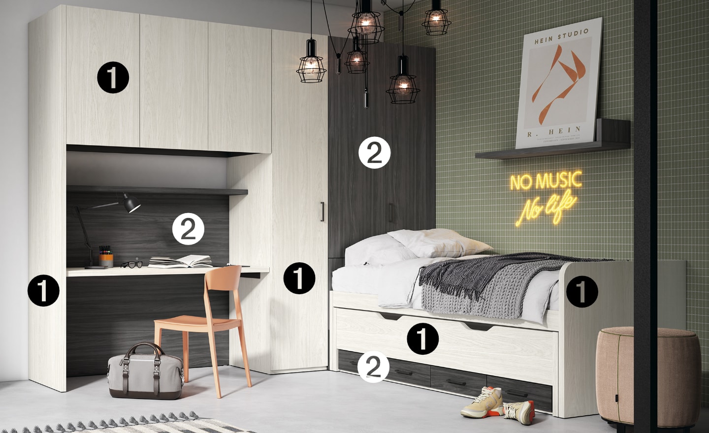 Quarto Juvenil Sonrie 21 com cama com gavetas, zona de estudo integrada e roupeiro com estantes superiores | Moveistore