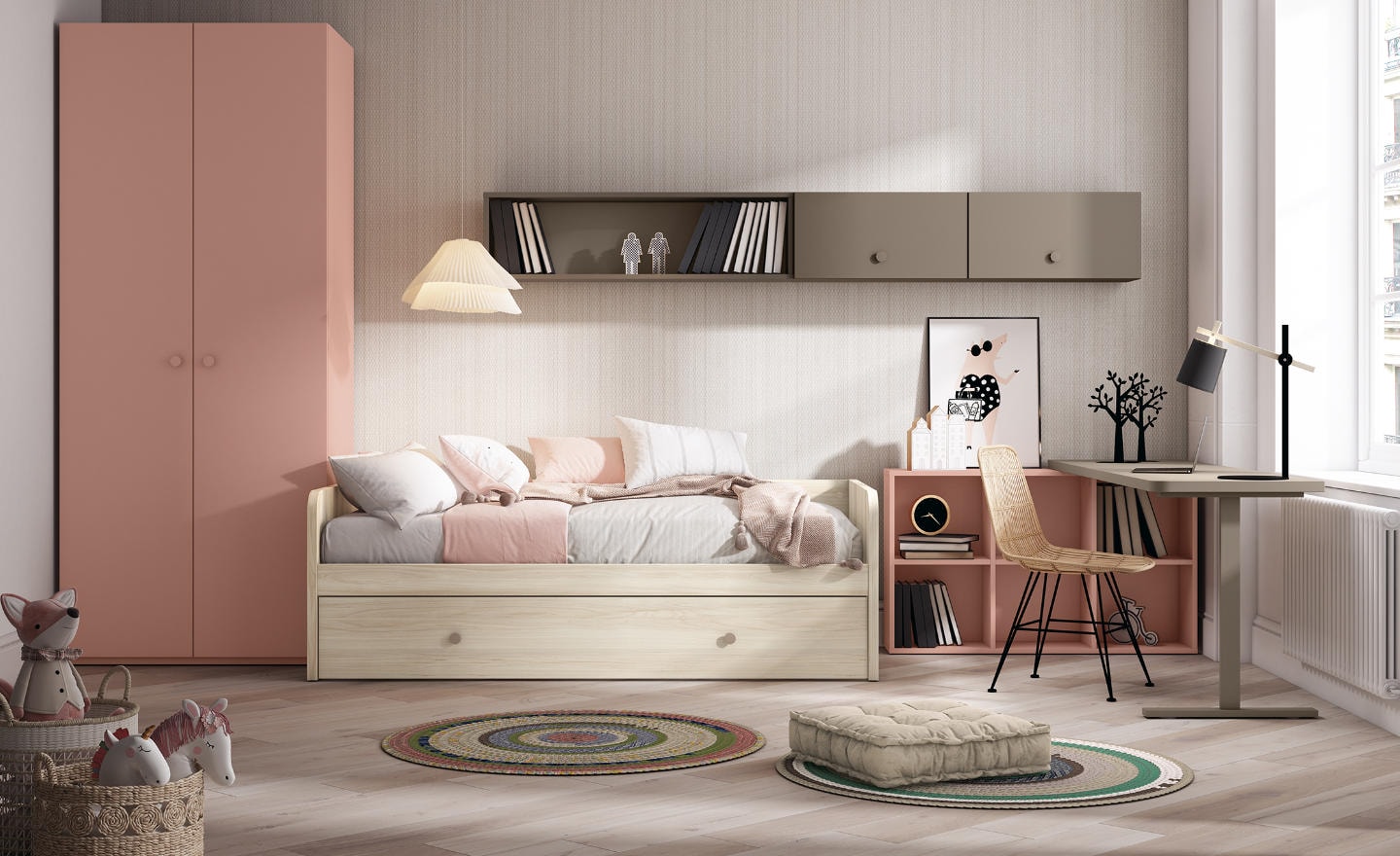 Quarto Juvenil Sonrie 2 com cama nido, gavetão de arrasto e estrutura arredondada segura | Moveistore