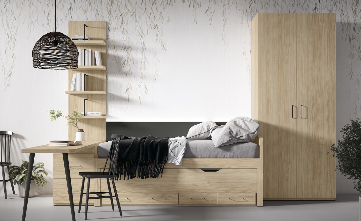 Quarto Juvenil Sonrie 22 com cama com gavetas, secretária com pernas metálicas e roupeiro com prateleiras | Moveistore