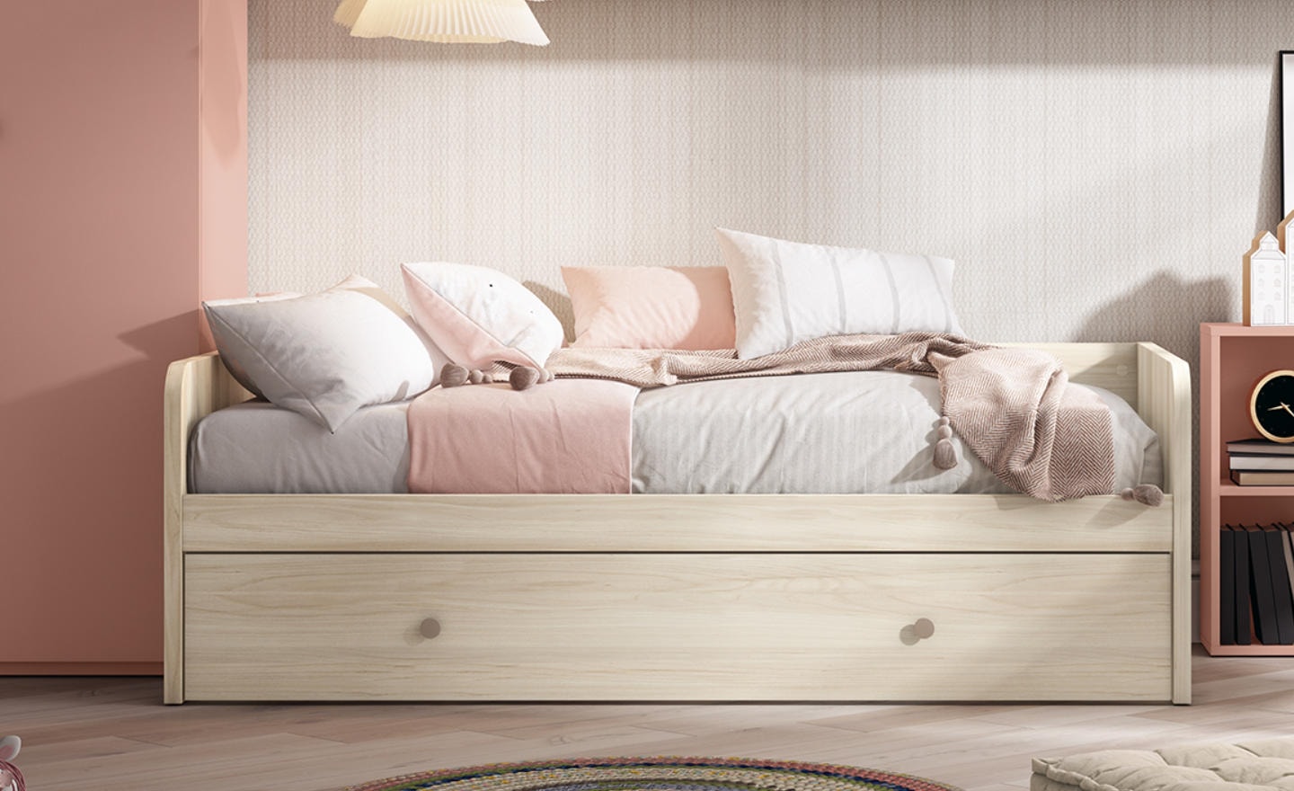 Quarto Juvenil Sonrie 2 com cama nido, gavetão de arrasto e estrutura arredondada segura | Moveistore