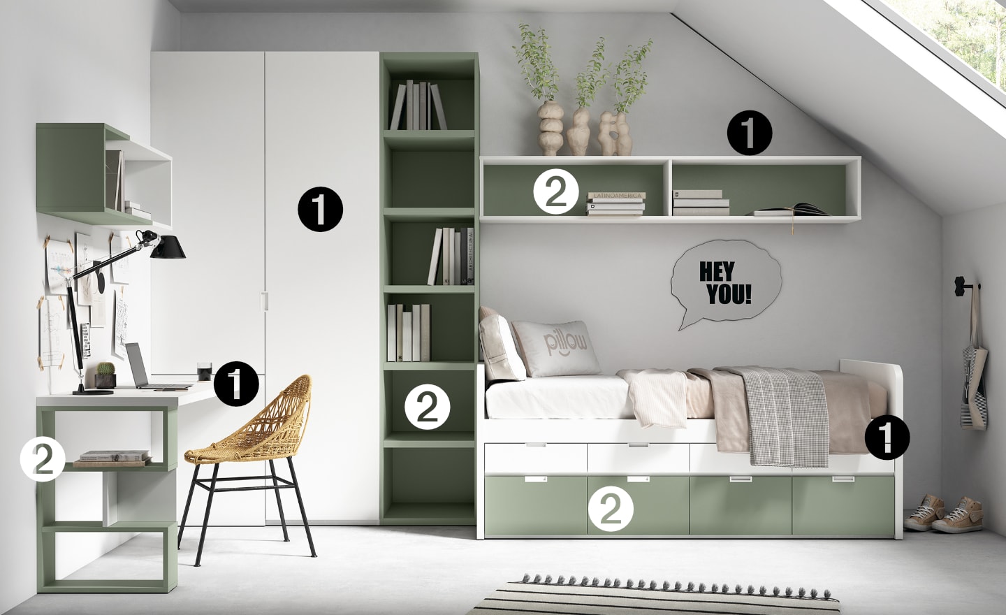 Quarto Juvenil Sonrie 23 com cama nido, secretária funcional, estante e roupeiro modular | Moveistore