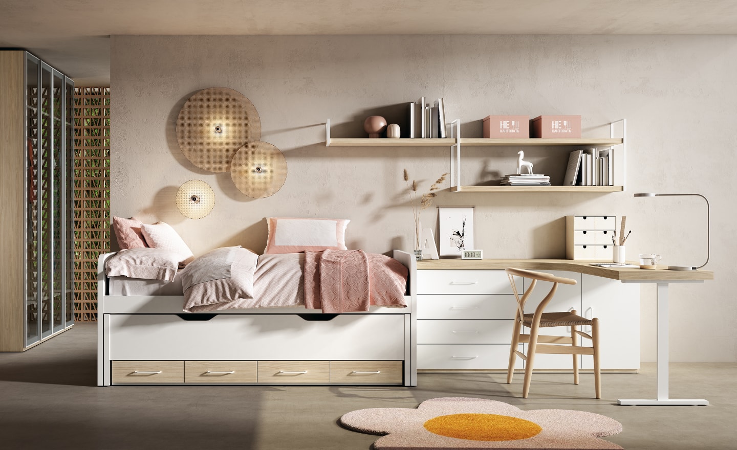 Quarto Juvenil Sonrie 24 com cama bicama oculta, secretária angular e estantes modulares | Moveistore