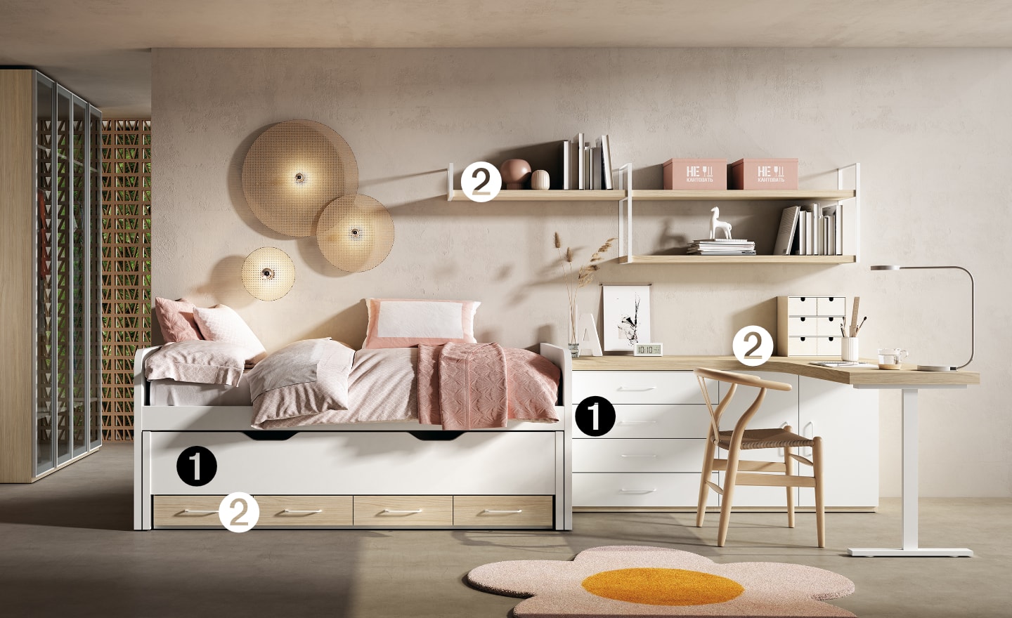 Quarto Juvenil Sonrie 24 com cama bicama oculta, secretária angular e estantes modulares | Moveistore