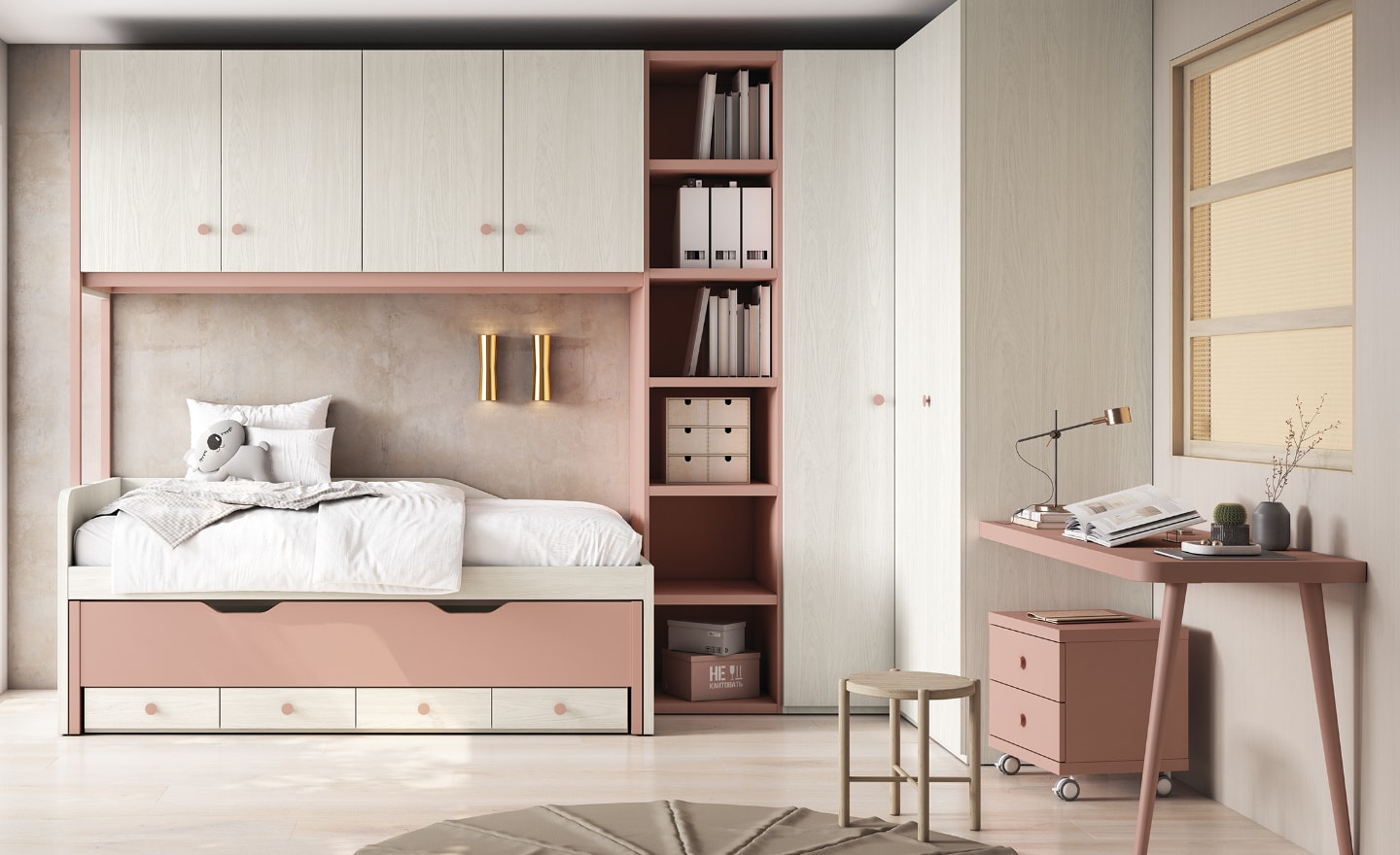 Quarto Juvenil Sonrie 28 com cama compacta e arrasto, blocos de arrumação, secretária e roupeiros suspensos integrados | Moveistore