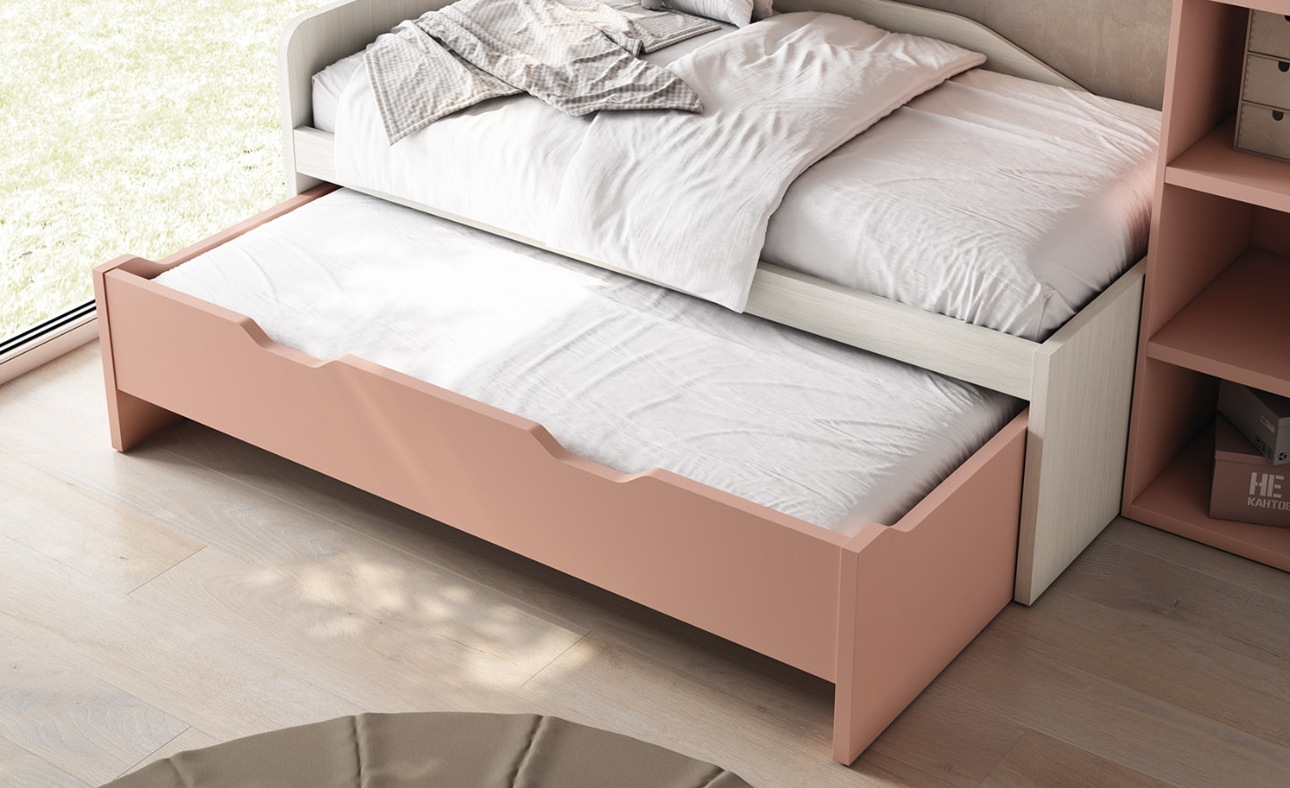 Quarto Juvenil Sonrie 28 com cama compacta e arrasto, blocos de arrumação, secretária e roupeiros suspensos integrados | Moveistore