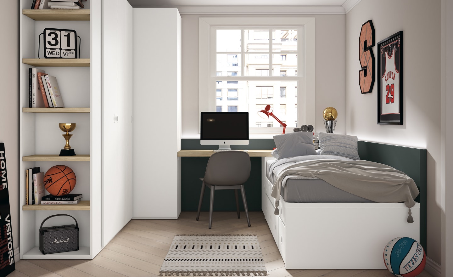 Quarto Juvenil Sonrie 29 com cama de arrumação, secretária contínua e roupeiro de canto funcional | Moveistore