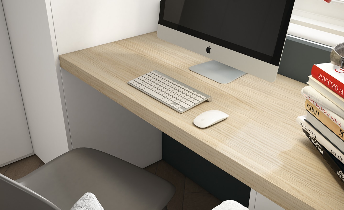 Quarto Juvenil Sonrie 29 com cama de arrumação, secretária contínua e roupeiro de canto funcional | Moveistore