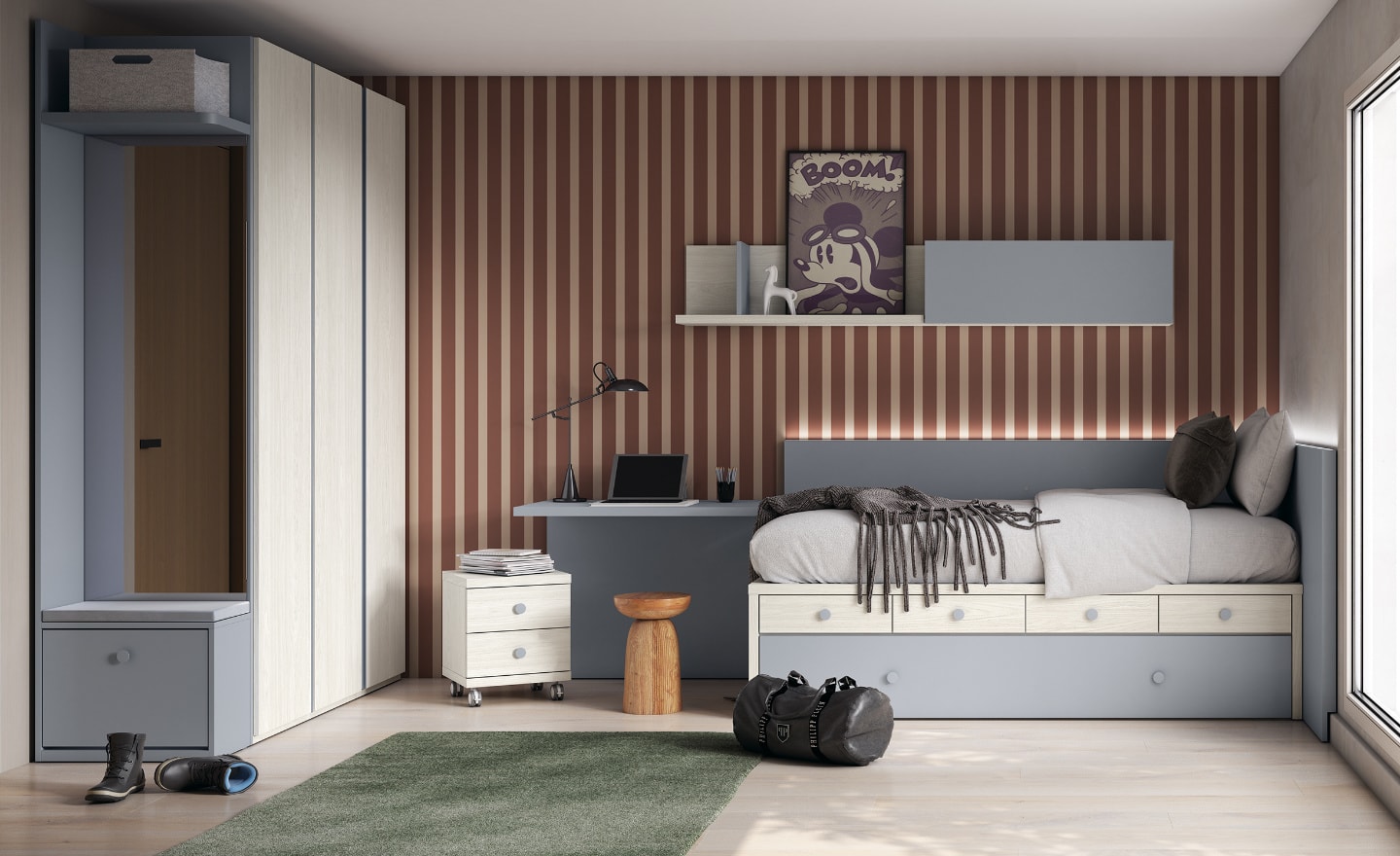 Quarto Juvenil Sonrie 30 com cama nido, roupeiro com sapateira e secretária ampla | Moveistore