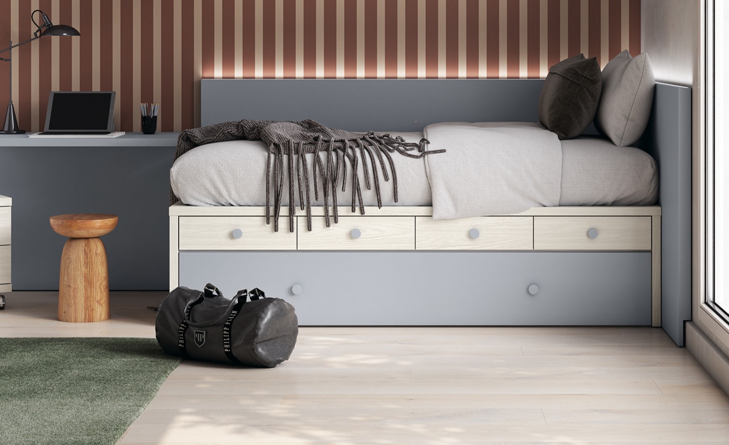 Quarto Juvenil Sonrie 30 com cama nido, roupeiro com sapateira e secretária ampla | Moveistore