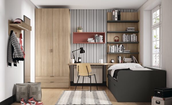 Quarto Juvenil Sonrie 3 com cama nido, secretária de estudo, roupeiro e prateleiras integradas | Moveistore