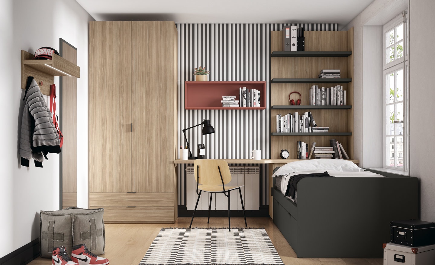 Quarto Juvenil Sonrie 3 com cama nido, secretária de estudo, roupeiro e prateleiras integradas | Moveistore