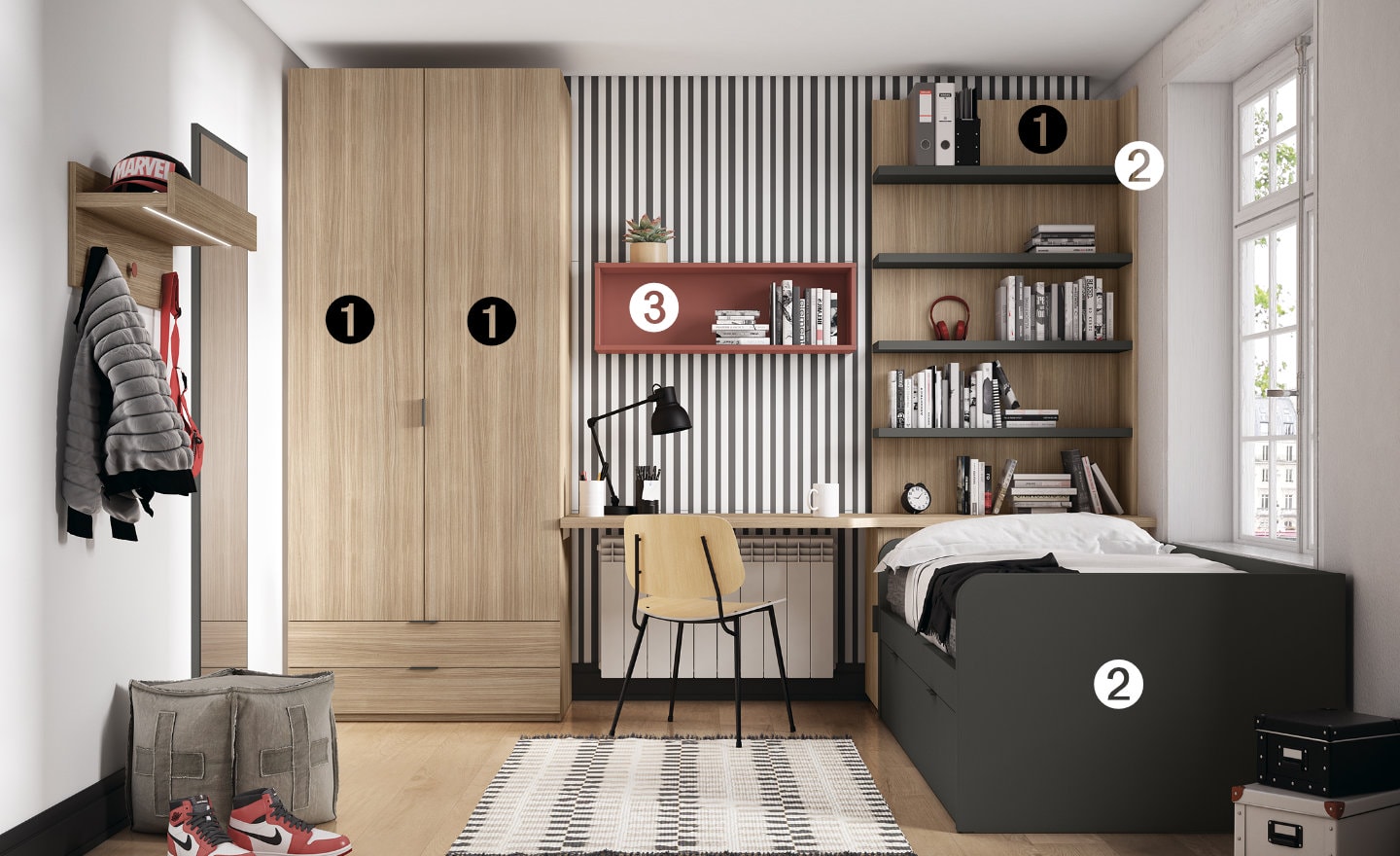 Quarto Juvenil Sonrie 3 com cama nido, secretária de estudo, roupeiro e prateleiras integradas | Moveistore
