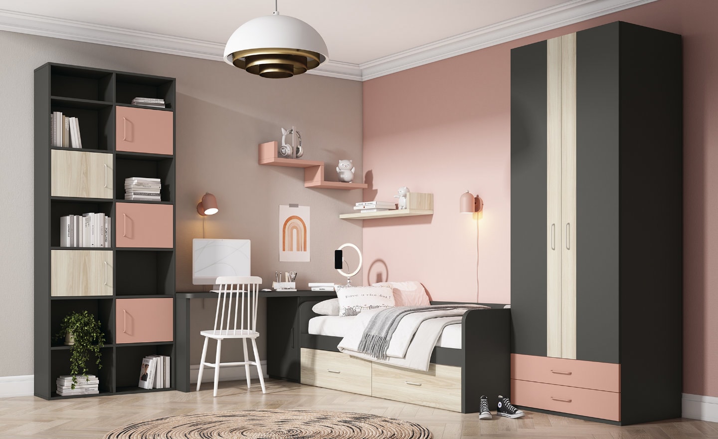 Quarto Juvenil Sonrie 4 com cama com gavetões, módulo de arrumação e prateleiras abertas | Moveistore