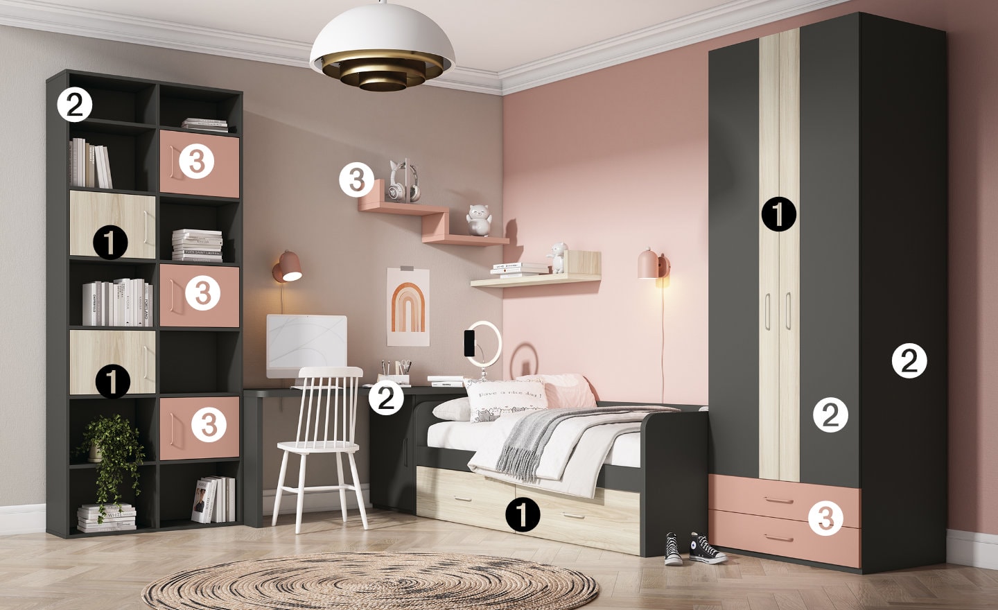 Quarto Juvenil Sonrie 4 com cama com gavetões, módulo de arrumação e prateleiras abertas | Moveistore