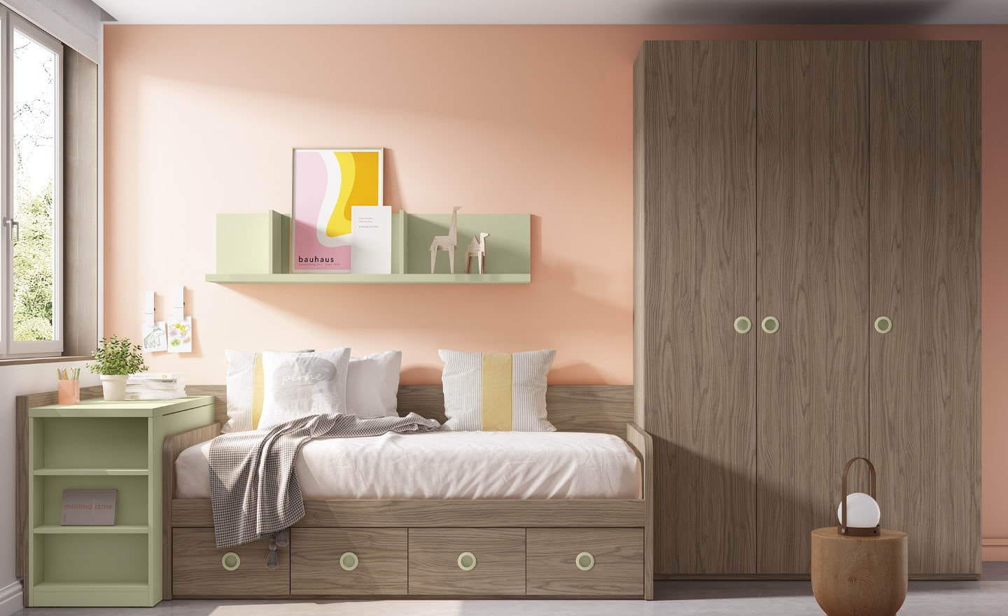 Quarto de Criança Sonrie 5 com cama com gavetas, secretária com estante e roupeiro de 3 portas | Moveistore