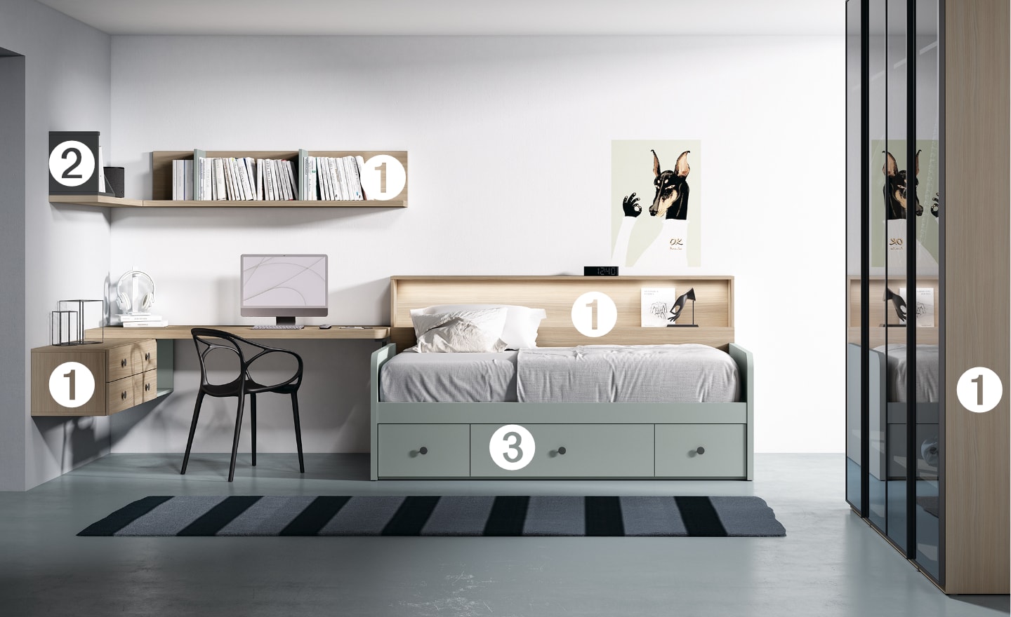 Quarto de Criança Sonrie 8 com cama de gavetões, secretária e estante organizadora | Moveistore