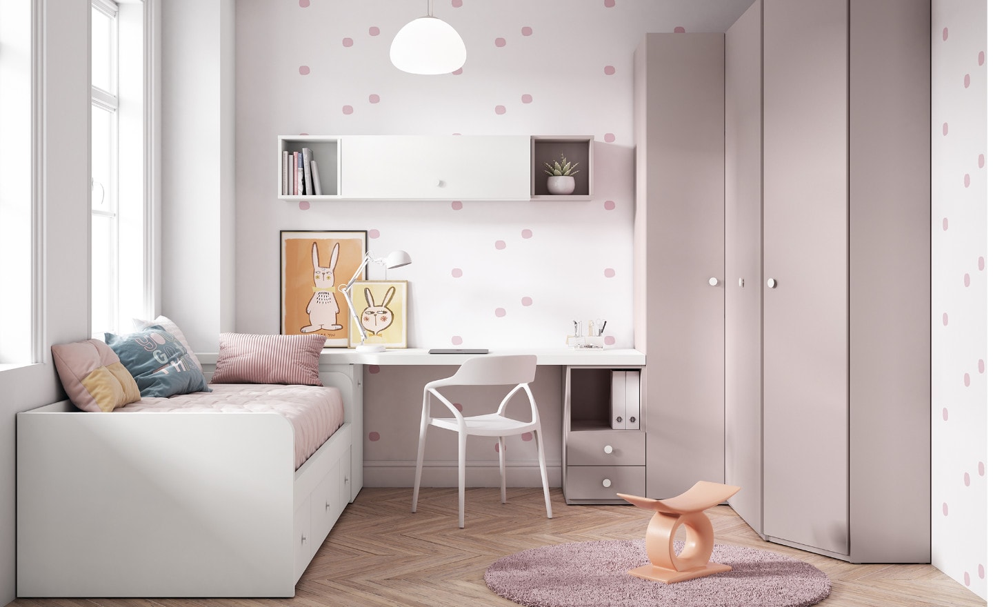 Quarto de Criança Sonrie 11 com cama, secretária com gavetas e roupeiro de canto | Moveistore