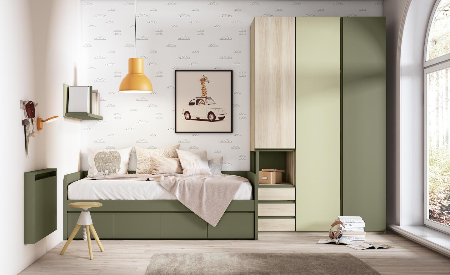 Quarto Juvenil Sonrie 1 com cama com gavetas, secretária rebatível e roupeiro moderno | Moveistore