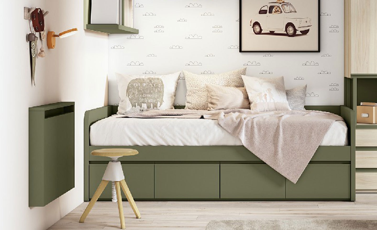 Quarto Juvenil Sonrie 1 com cama com gavetas, secretária rebatível e roupeiro moderno | Moveistore