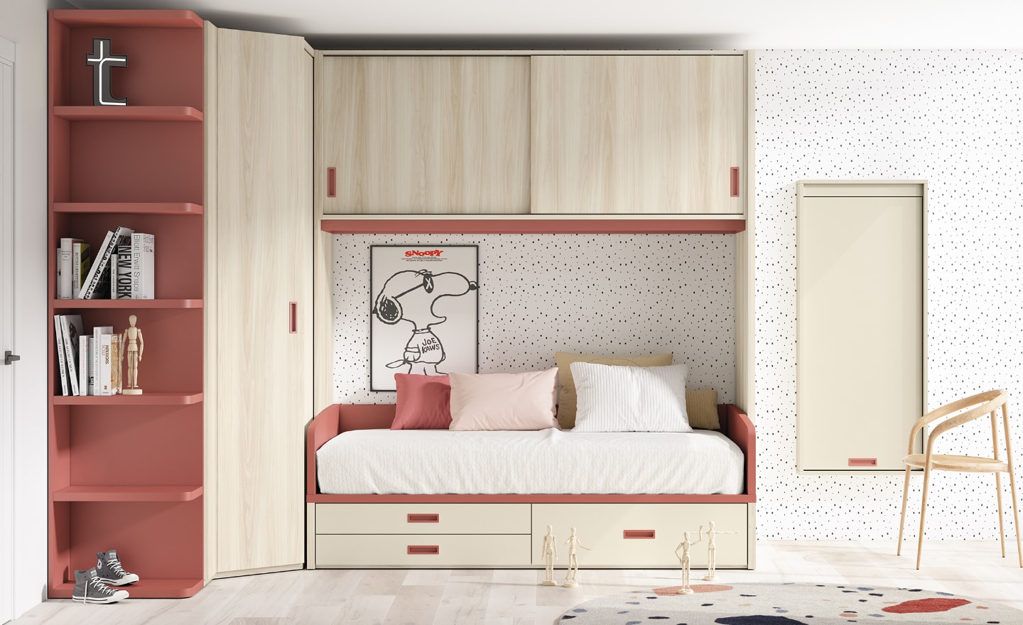 Quarto de Criança Sonrie 15 com cama com gavetas, secretária rebatível e roupeiro de canto | Moveistore