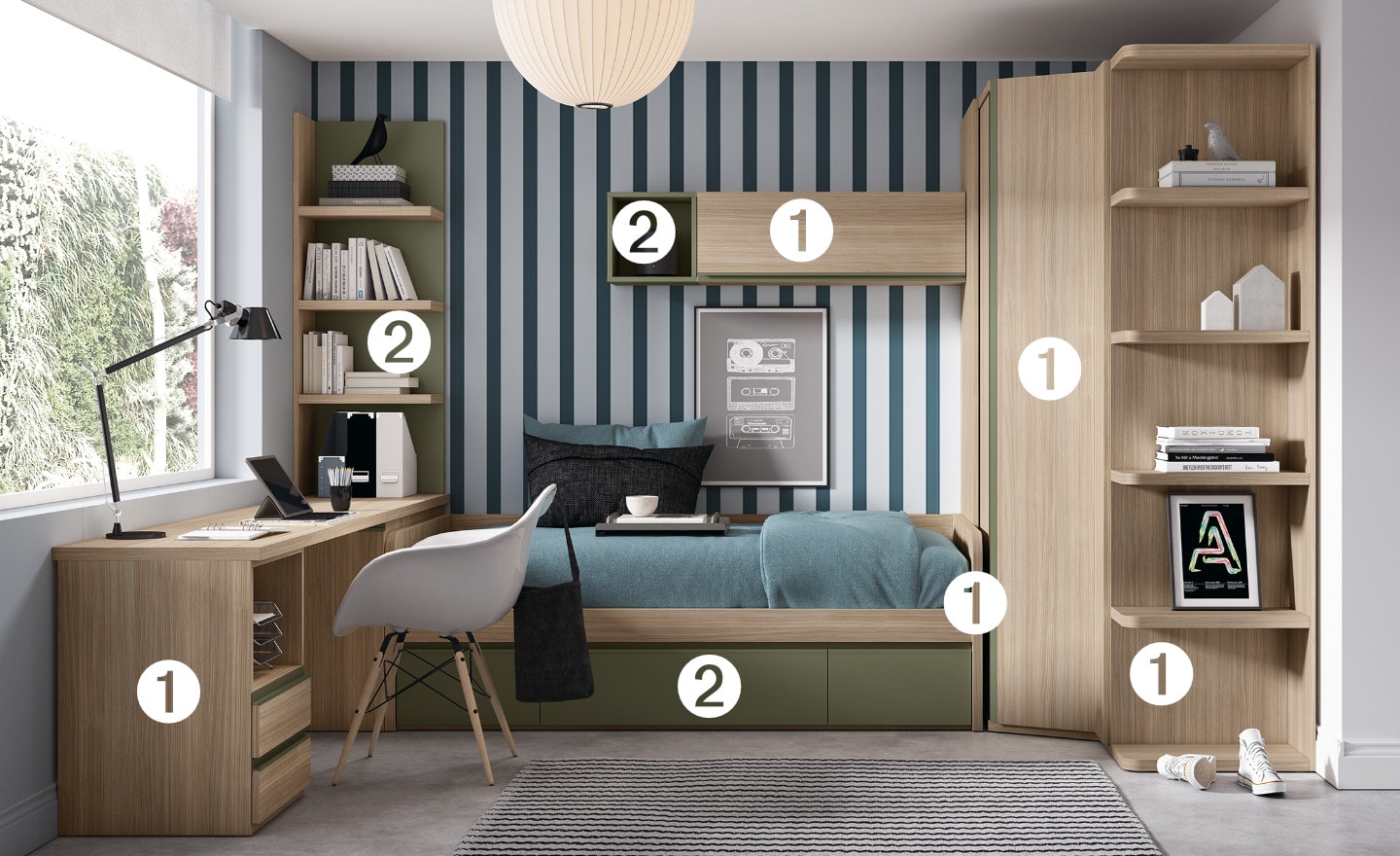 Quarto de Criança Compacto Sonrie 9 com cama de gavetões, secretária e estantes | Moveistore