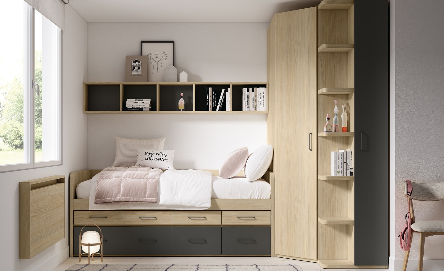 Quarto Juvenil Sonrie 26 com cama com gavetas, roupeiro de canto e secretária rebatível | Moveistore