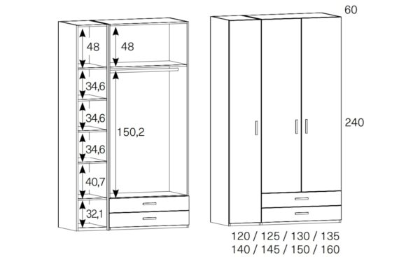 Roupeiro 3 Portas 2 Gavetões Sonrie 7 com espaço de arrumação versátil | Moveistore