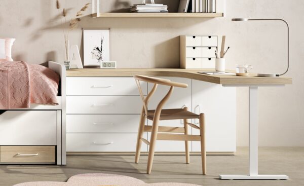 Secretária Angular Sonrie 24 com tampo espesso, bloco de gavetas e módulo com portas | Moveistore