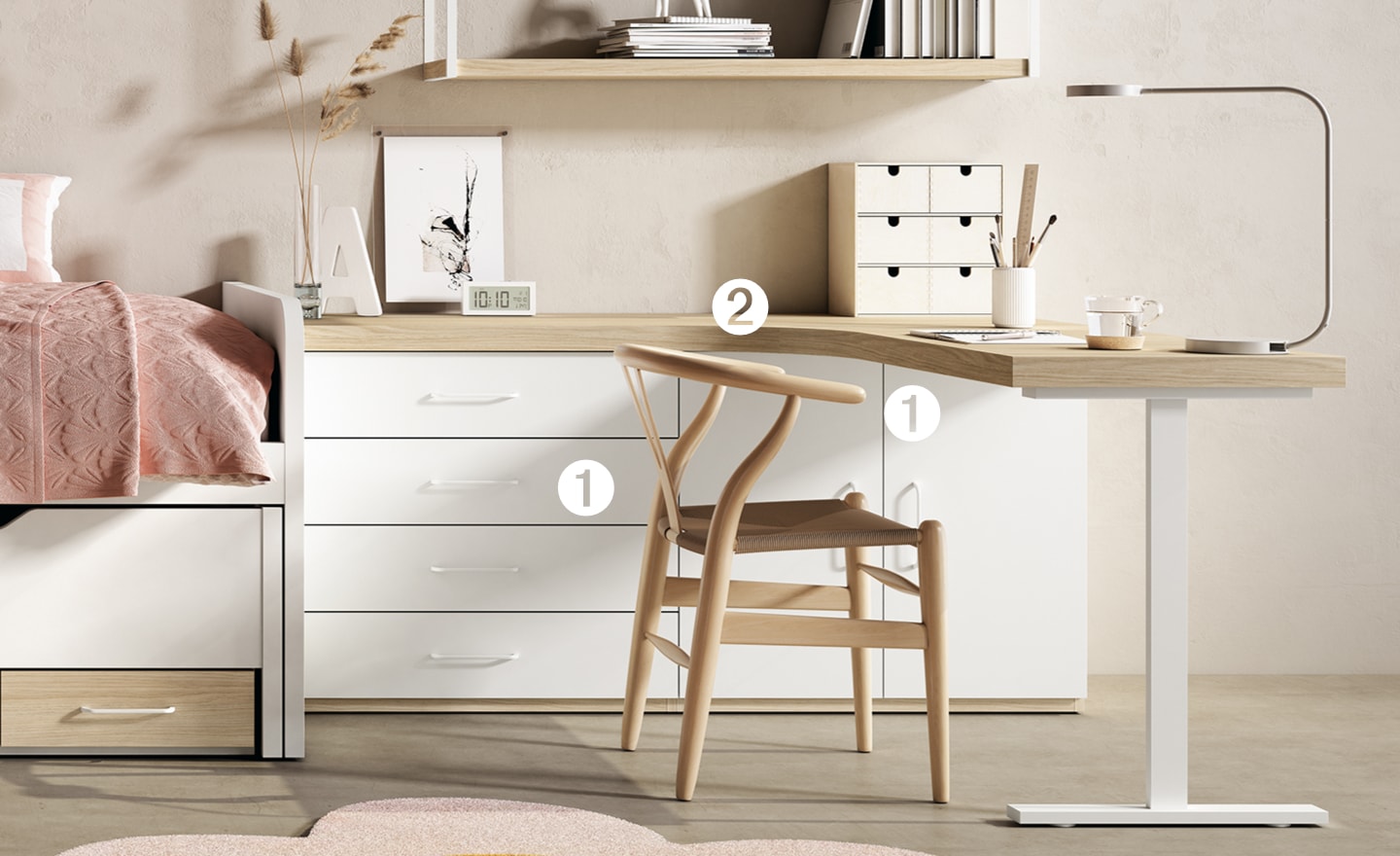 Secretária Angular Sonrie 24 com tampo espesso, bloco de gavetas e módulo com portas | Moveistore