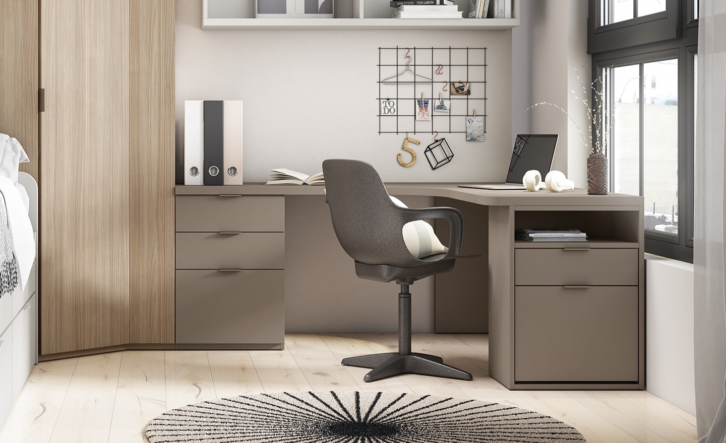 Secretária de Canto Sonrie 27 com bloco de 3 gavetas, sapateira basculante e nicho aberto | Moveistore