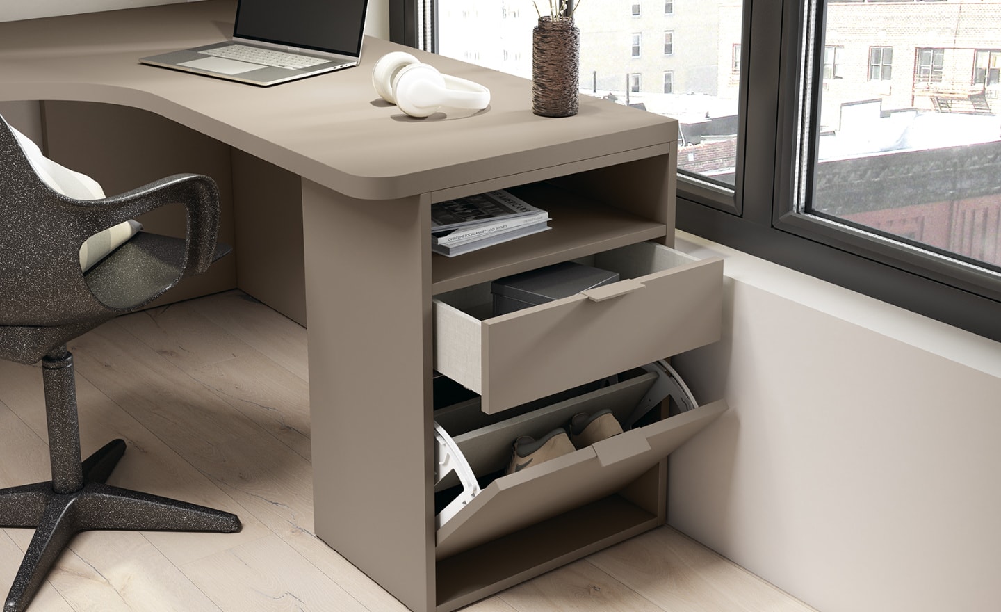 Secretária de Canto Sonrie 27 com bloco de 3 gavetas, sapateira basculante e nicho aberto | Moveistore