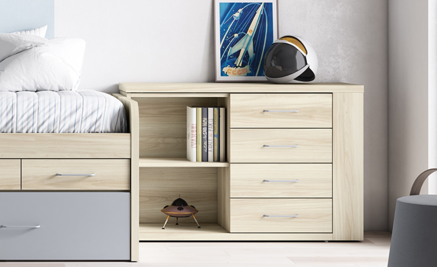 Secretária Giratória Sonrie 17 com móvel auxiliar, gavetas e tampo rotativo | Moveistore