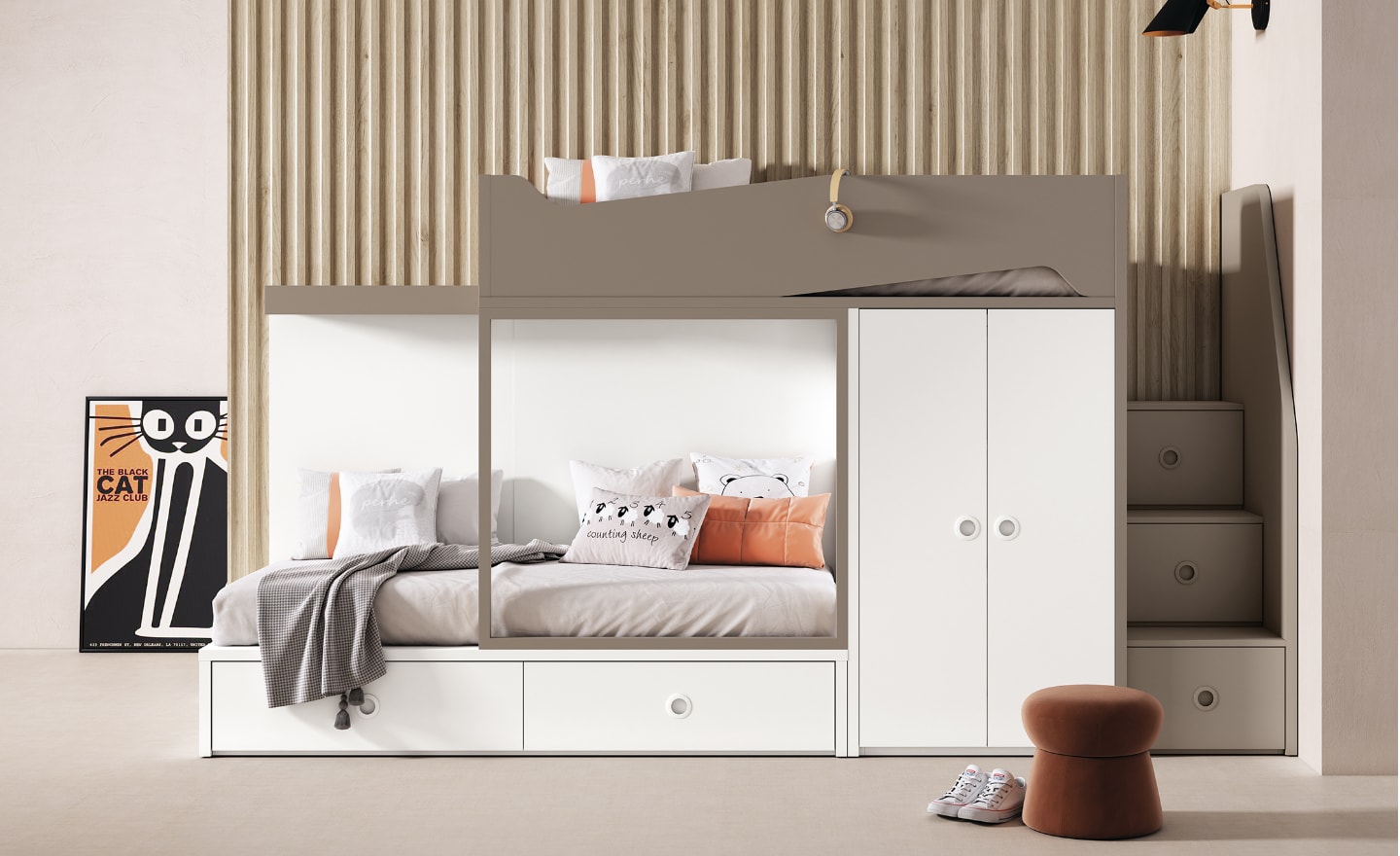 Beliche com Arrumação Sonrie 79 com escada-gaveta, roupeiro e gavetões inferiores | Moveistore