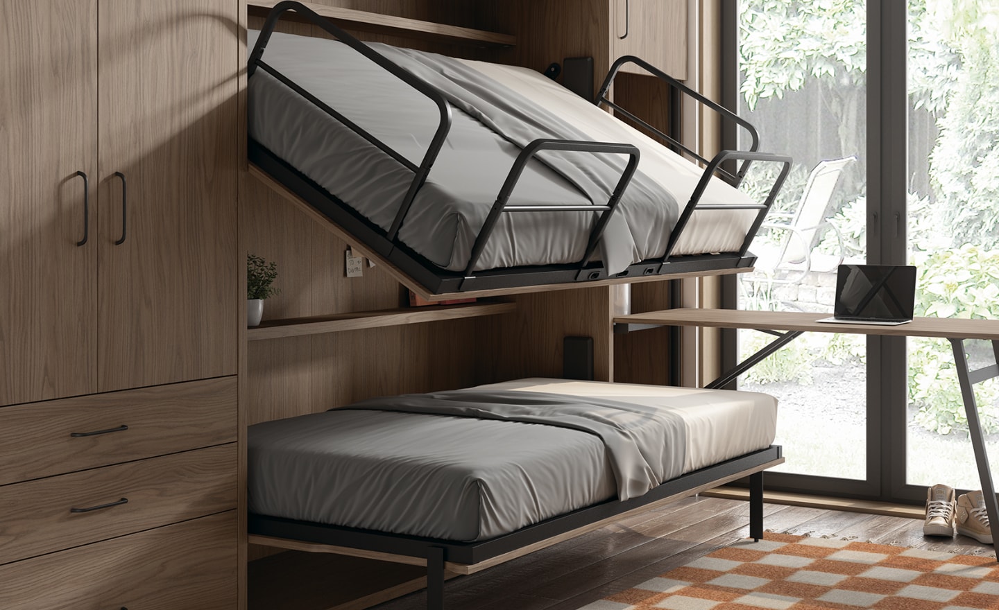 Beliche Rebatível Sonrie 73 com camas dobráveis, escada metálica e secretária lateral | Moveistore