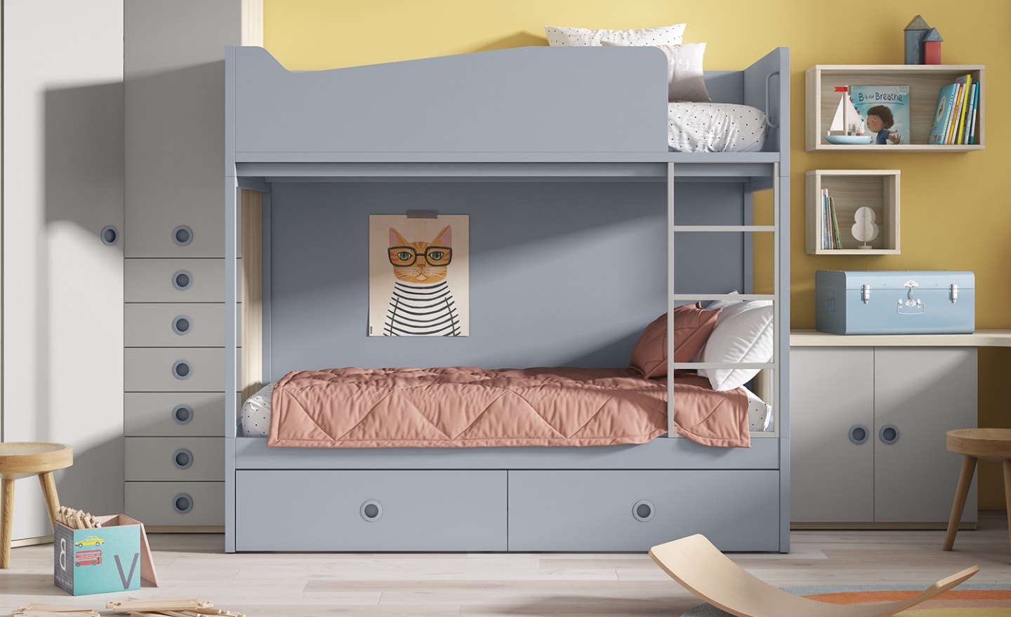 Beliche Sonrie 83 com escada e gavetas para quartos infantis | Moveistore