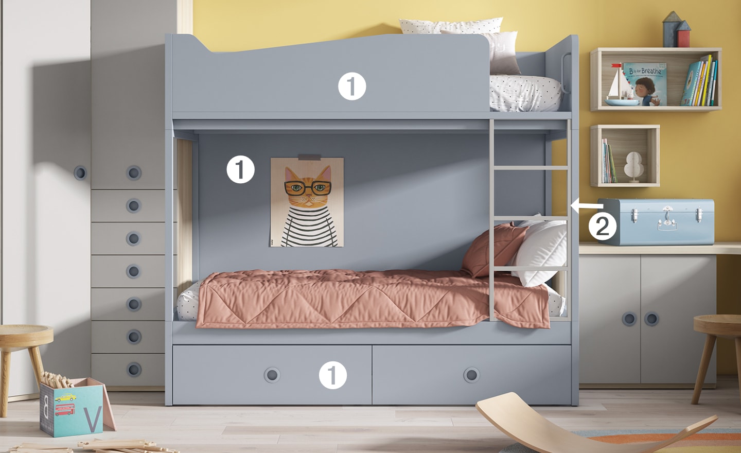 Beliche Sonrie 83 com escada e gavetas para quartos infantis | Moveistore