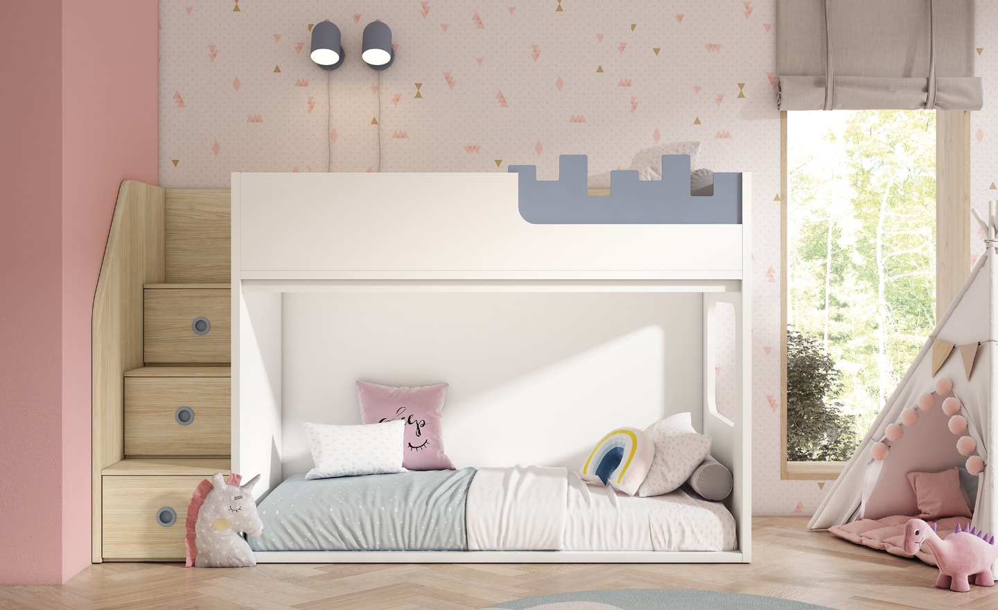 Beliche com Escada Lateral Sonrie 104 com gavetas e proteção lúdica | Moveistore