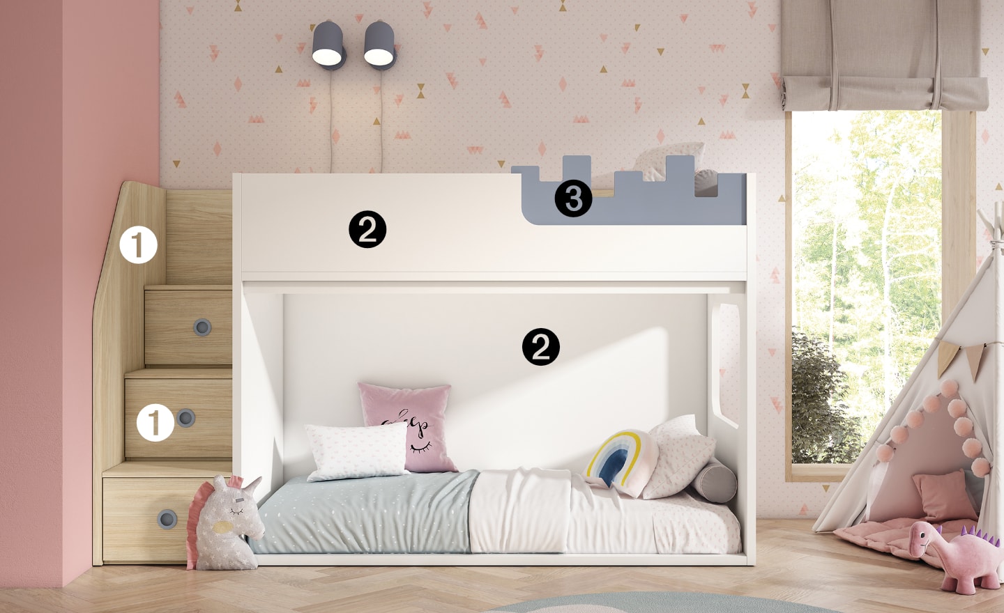 Beliche com Escada Lateral Sonrie 104 com gavetas e proteção lúdica | Moveistore