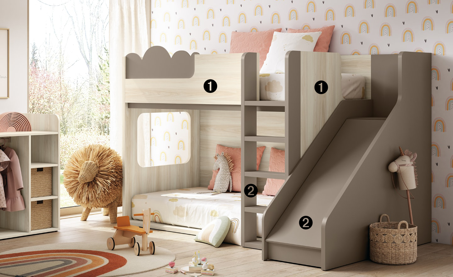 Beliche com Escorrega Sonrie 105 com escada, janela e estrutura lúdica | Moveistore