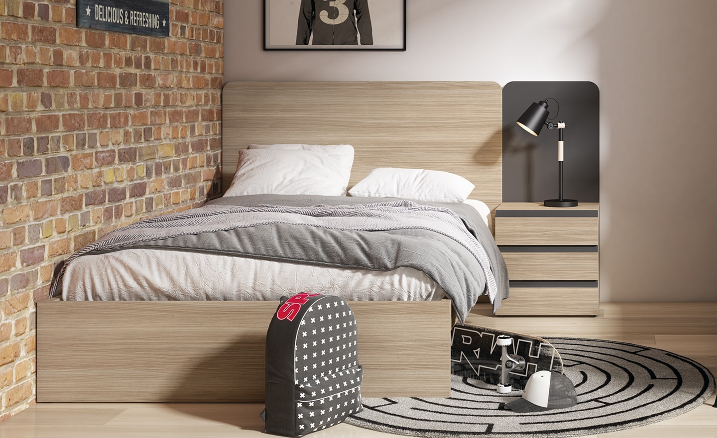 Cama Individual com Mesa de Cabeceira Sonrie 90 com gavetas e cabeceira arredondada | Moveistore