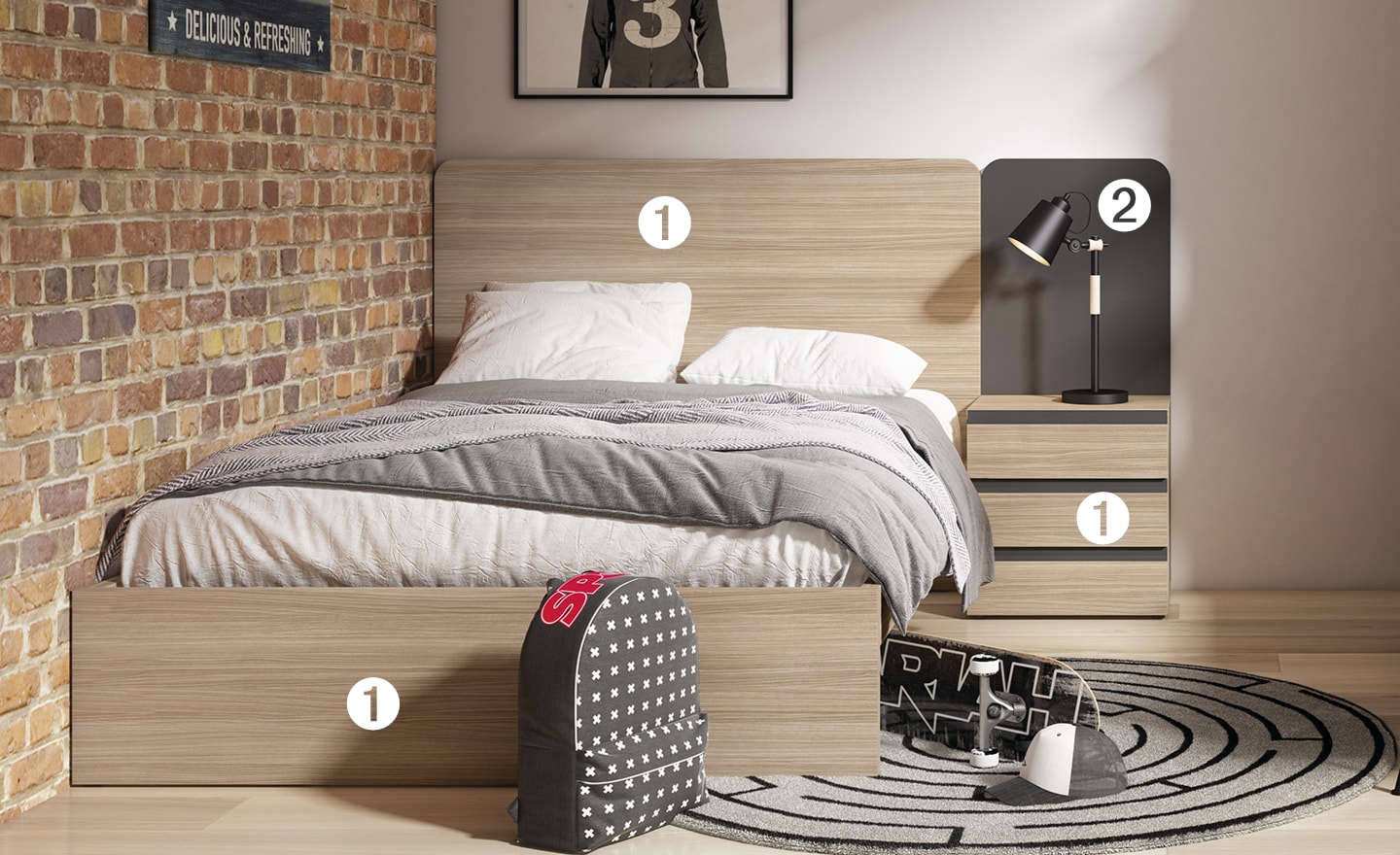 Cama Individual com Mesa de Cabeceira Sonrie 90 com gavetas e cabeceira arredondada | Moveistore