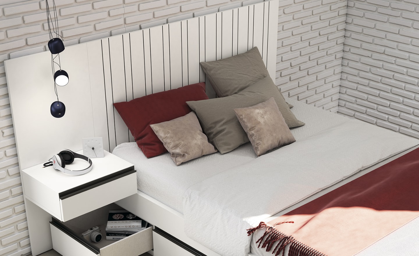 Cama Individual com Gavetas Sonrie 92 com cabeceira ripada e arrumação inferior | Moveistore