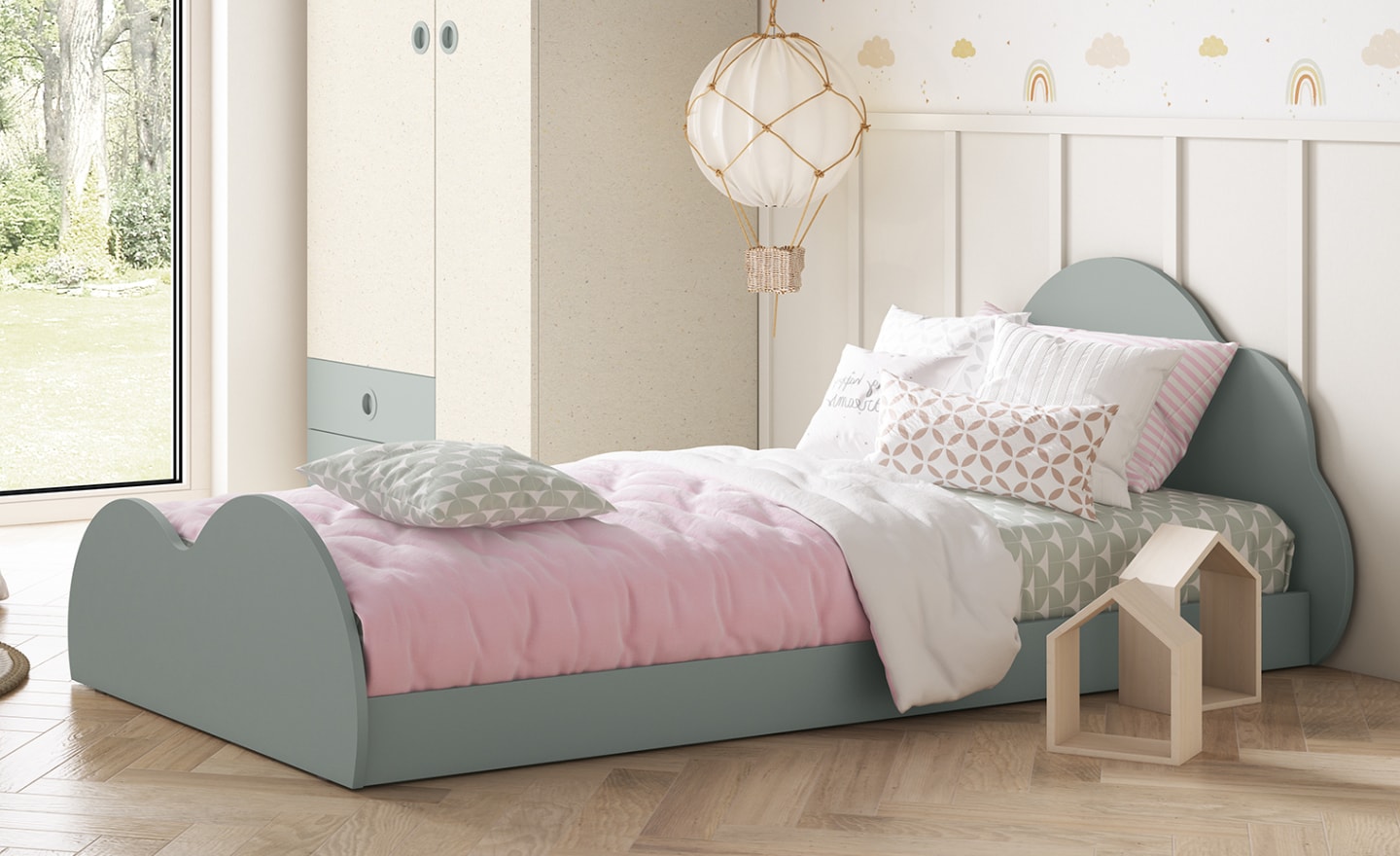 Cama Juvenil Nuvem Sonrie 103 com cabeceira em forma de nuvem e design lúdico | Moveistore