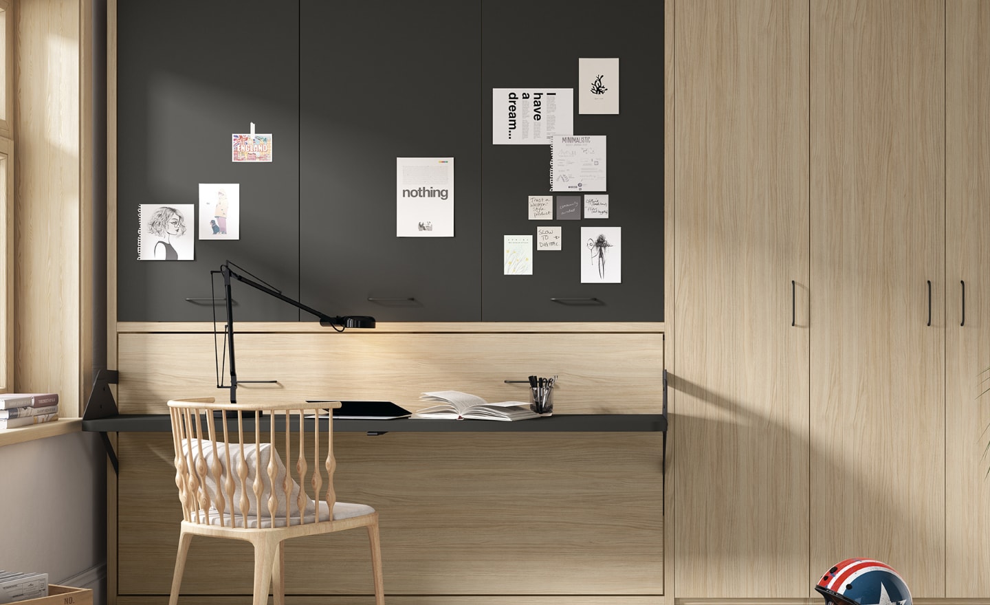 Quarto com Cama Rebatível Horizontal Sonrie 67 com secretária funcional e armários integrados | Moveistore