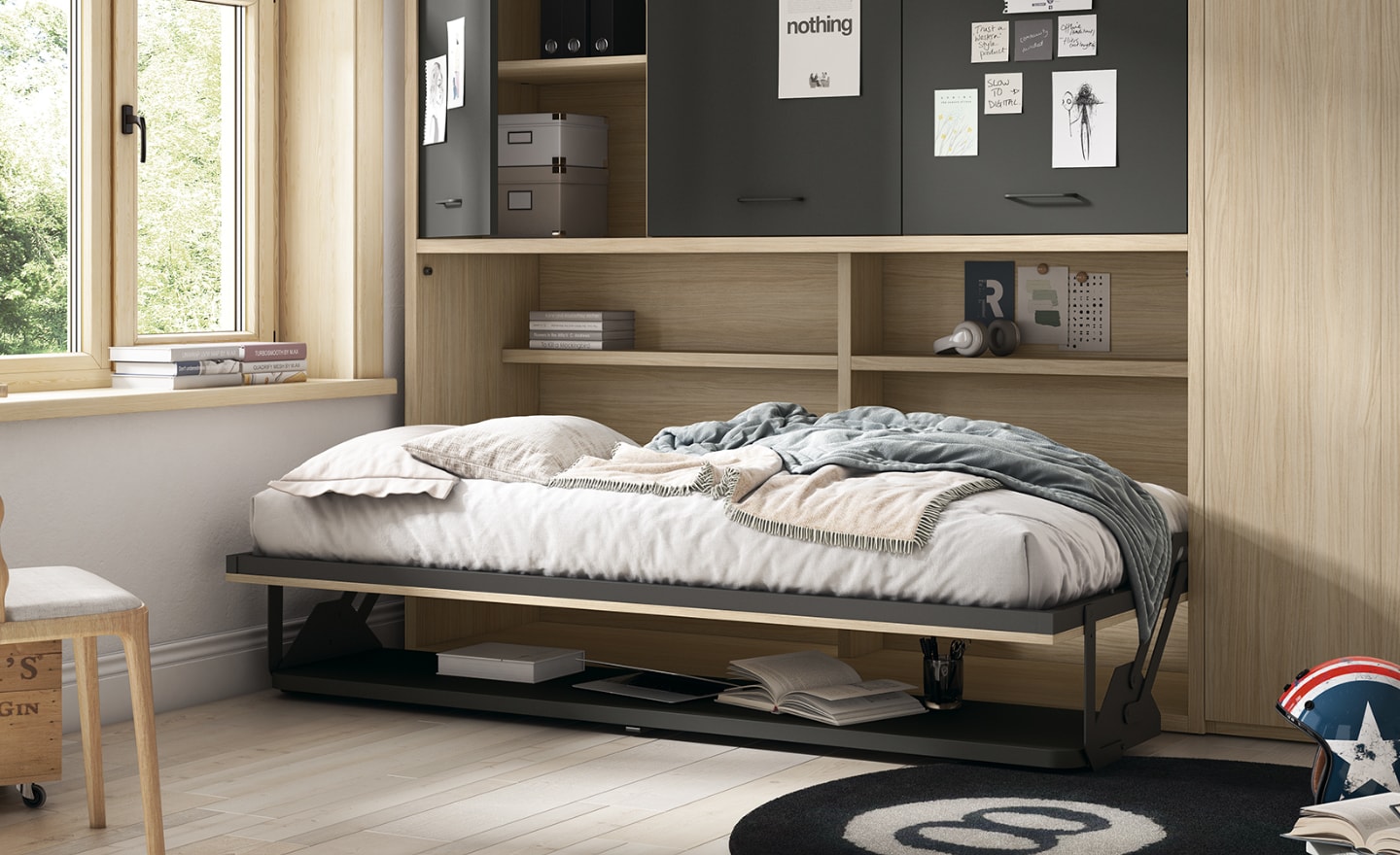 Quarto com Cama Rebatível Horizontal Sonrie 67 com secretária funcional e armários integrados | Moveistore