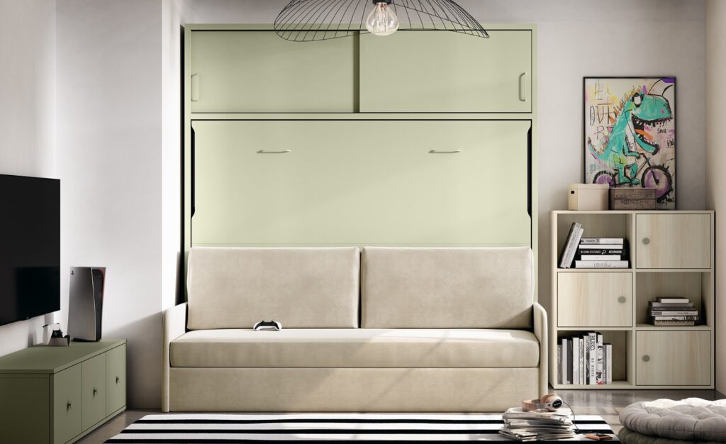 Cama Rebatível Horizontal com Sofá Sonrie 71 com prateleiras internas e sofá com arrumação inferior | Moveistore